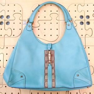 Y2K Gucci 100% Leather Turquoise Jackie O Medium Size Handbag Made In Italy